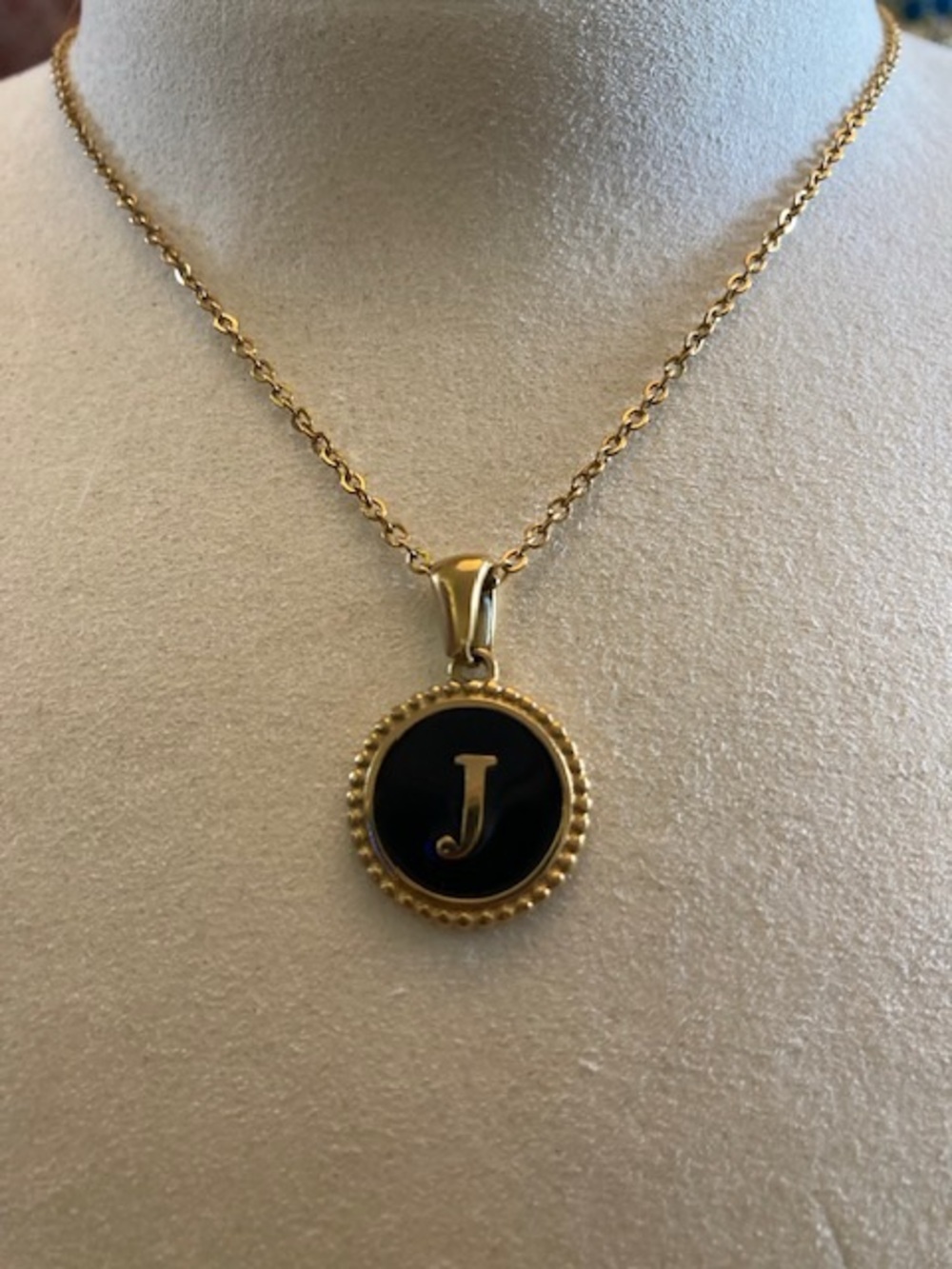 Gold-Plated Initial 'J' Pendant Necklace with Black Enamel